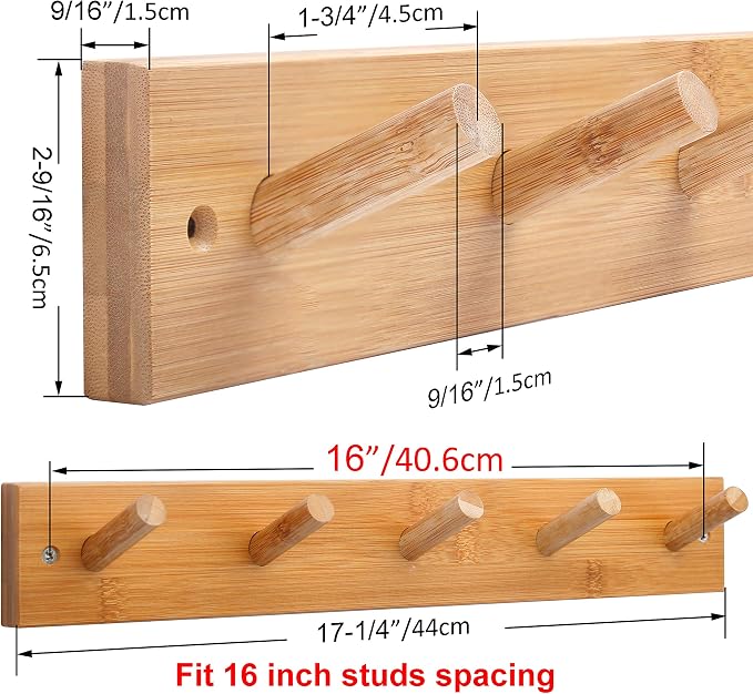 WEBI Coat Rack Wall Mounted,16" Hole to Hole,Coat Hanger Wall Mount with 5 Hooks for Hanging Coats,Hook Rack Peg Rail for Hats,Jacket,Clothes,Towels,Natural,2 Packs - Image 2