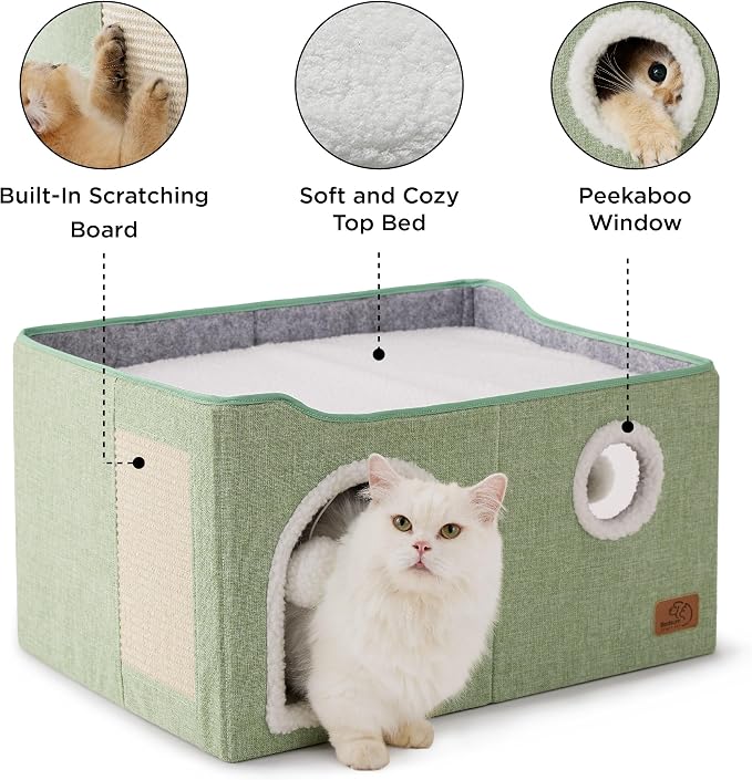 Bedsure Extra Wide Cat House Bed with Fluffy Ball and Scratch Pad,Green | 23.6x16.9x13 in,Indoor Cat Cave for Multiple Pets, Foldable Cat Hideway Cube for Sleeping Large Cat and Kitten - Image 4
