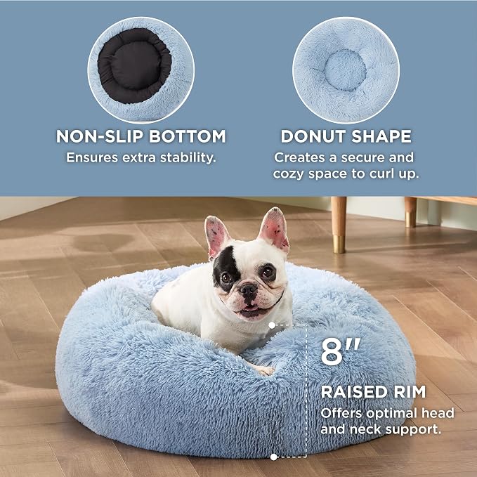 Bedsure Calming Small Dog Bed Donut Washable Cat＆Puppy Bed,23 inches | Fluffy Faux Fur Round Cuddler,Anti-Slip Bottom,Anti-Anxiety,Deep Sleeping for Large Cat & Pets Up to 25 Lbs,Light Blue - Image 3