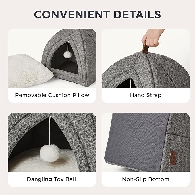 Bedsure 2in1 Cat Beds for Indoor Cats Cave for Kitten with Washable Pillow | 16in, Cat House for Small Pet, Covered Cat Tent, Foldable Hideaway, Fluffy Ball, Anti Slip Bottom, Removable Cushioned ,Grey - Image 4