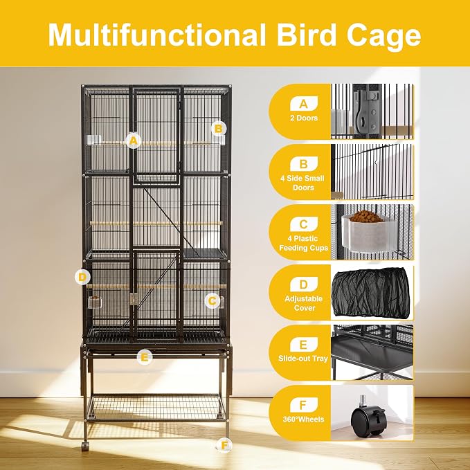 69-Inch Large Bird Cage with Dust Cover,Extra Large Bird Cages for Parakeet | Birdcages for Cockatiels Quaker Conure Lovebird Finch Canary Small Medium Parrot with Rolling Wheels,Black - Image 4