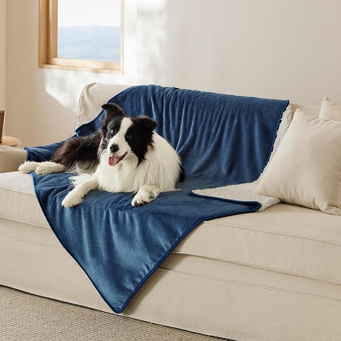Bedsure Waterproof Dog Blankets for Large Dogs Sherpa Fleece Throw, 50X60 | Washable Soft Plush Pet Cat Blanket for Couch Cover, Reversible Cozy Calming Furniture Protector Warm for Senior Dogs,Blue - Image 10