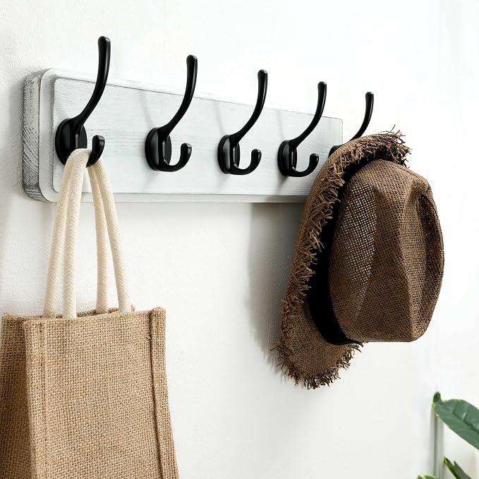 SKOLOO Rustic Wall Mounted Coat Rack, Pine Solid Wood Coat Hook Hanger - 5 Hooks for Hanging Clothes Robes Towels Coats - Image 2