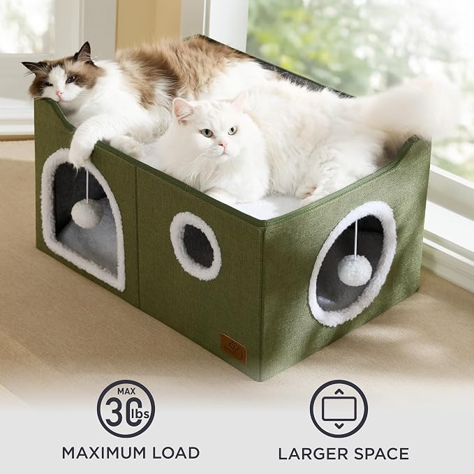 Bedsure Extra Wide Cat House Bed with Fluffy Ball and Scratch Pad | Loden Green,23.6x16.9x13 in,Indoor Cat Cave for Multiple Pets, Foldable Cat Hideway Cube for Sleeping Large Cat and Kitten - Image 7