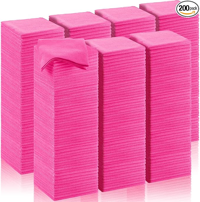 Oudain 200 Pcs Microfiber Cleaning Cloth 16x16 Inch Microfiber Towels for Car Ultra Absorbent Cleaning Rags Reusable Lint Free Streak Free Detailing Towel for Car Washing Drying Dusting (Pink) by Oudain