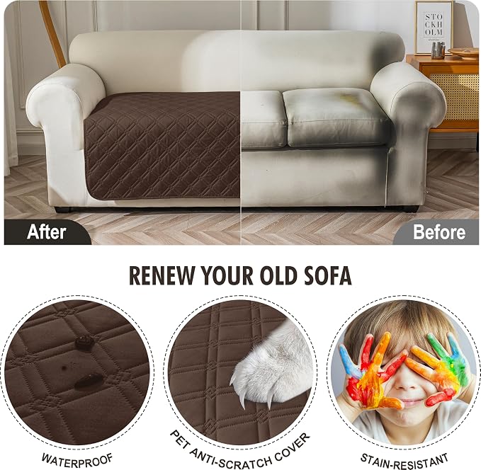 Genina Waterproof Couch Cover,Washable Anti-Slip 78inch Sofa Covers with 3 Cushions,Sectional Couch Covers for Pets Friendly, Sofa Slipcovers for Dogs Cats(78inch/Chocolate) - Image 4