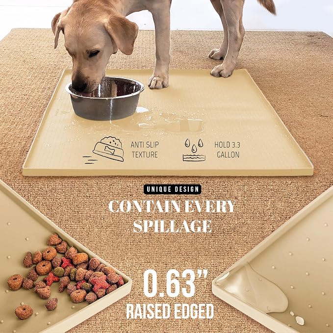 AVERYDAY 100% Waterproof Thicker Silicone Dog Food Mat, 0.63'' Raised Edge Bowl Mat for Food & Water, Non Slip Pet Feeding Placemat for Messy Drinkers, Perfect for Large Medium Small Breeds, 32"x24" - Image 3