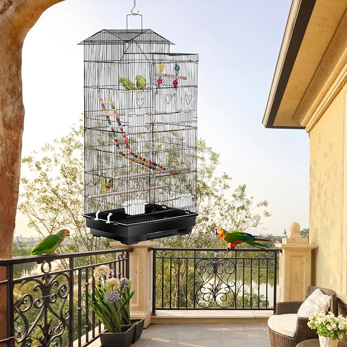 ZENY 39-inch Roof Top Large Flight Parrot Bird Cage for Small Quaker Cockatiel Canary Sun Parakeet Green Cheek Finch Budgie Lovebirds Wrought Iron Pet Bird Cage w/Toys - Image 2