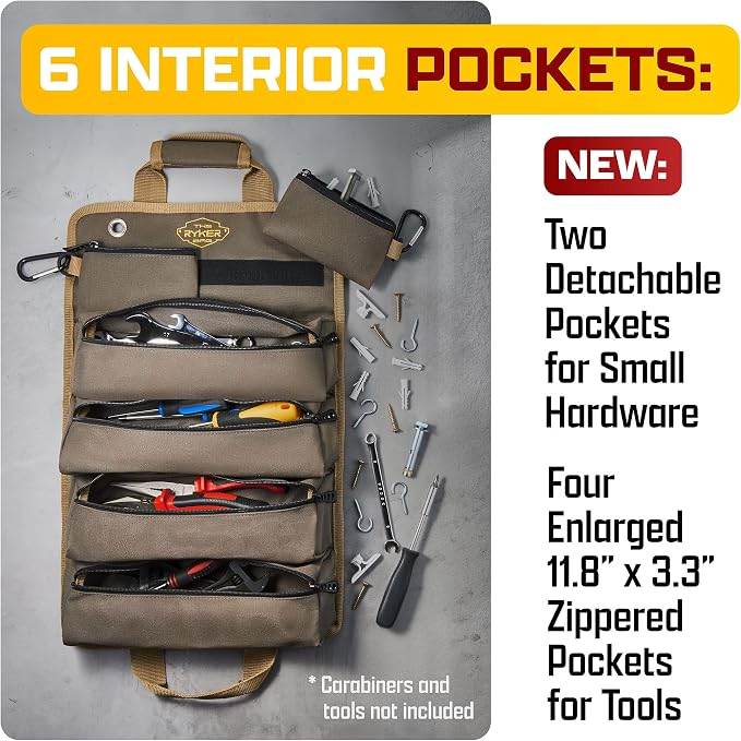 Ryker Heavy Duty Roll Up Tool Bag Organizer w/Detachable Pouches, Khaki | Tool Roll Up Bag Tool Box Organization. Portable Truck & Motorcycle accessories. Rollup Tools Bags for Mechanic & Electrician - Image 4