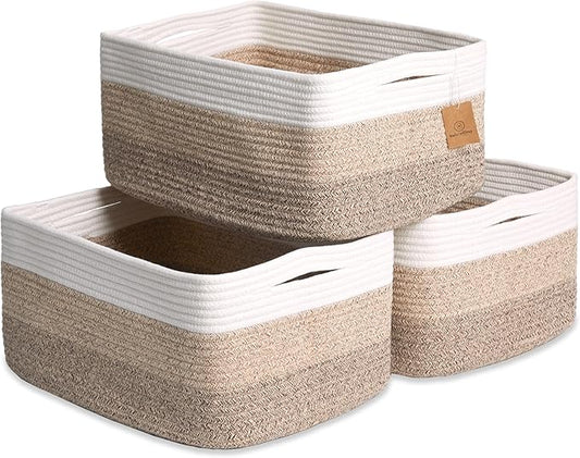 NaturalCozy Storage Baskets 16.8”x13”x7.6” Cotton Rope Woven Baskets for Organizing 3-Pack | Toy Storage Bins | Basket for Shelves, Laundry, Blanket, Clothes, Closet, Kitchen, Bathroom, Gifts by NaturalCozy