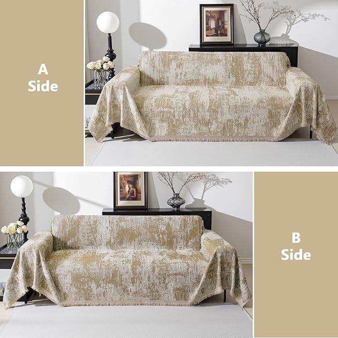 MEETSKY Boho Couch Cover for 2 Cushion Couch Sofa, Chenille Sofa Cover for Sectional Sofa, Modern Khaki Abstract Jacquard Sofa Covers Washable Sofa Slipcover for Pets Friendly, 91" X118", Khaki - Image 6