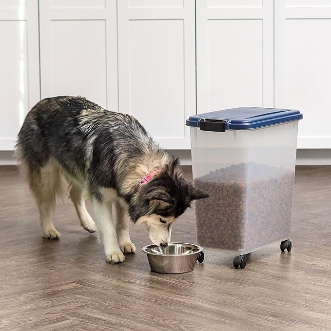 IRIS USA Airtight Dog Food Storage Container, Up to 40 lbs, Attachable Wheels, For Dog Cat Bird and Other Pet Food Storage Bin, Keep Fresh, Translucent Body, Easy Mobility, Navy | Clear Plastic Bin with Snap-Lid Seal and Wheels to Keep Kibble, Pellets,... - Image 5