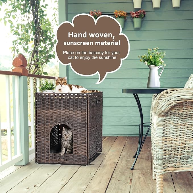 Cat Litter Box Enclosure with Door, Hidden Cat Washroom Furniture | Handwoven PP Wicker; Soft Litter Mat Included; Spacious Interior; Furniture-Style Design; Indoor Home Décor - Image 2