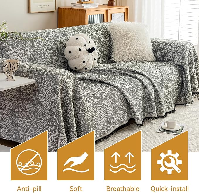 Deep Dream Boho Couch Cover for Dogs, Soft Chenille Couch Covers for 3 Cushion Couch, Thick Sofa Slipcover Sofa Cover WashableCouch Protectors for Pets (Black, 71"x118") - Image 6