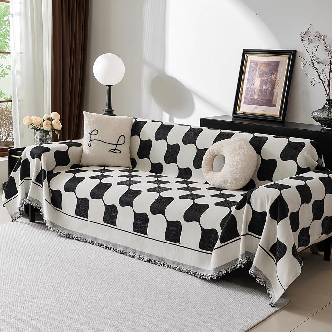 MEETSKY Couch Cover Sofa Cover Washable,Chenille Jacquard Sofa Covers for 2 Cushion Couch Sofa, Sofa Slipcover Loveseat Pet Couch Covers for Sectional Sofa, 71" x 118", Black Checkerboard - Image 2