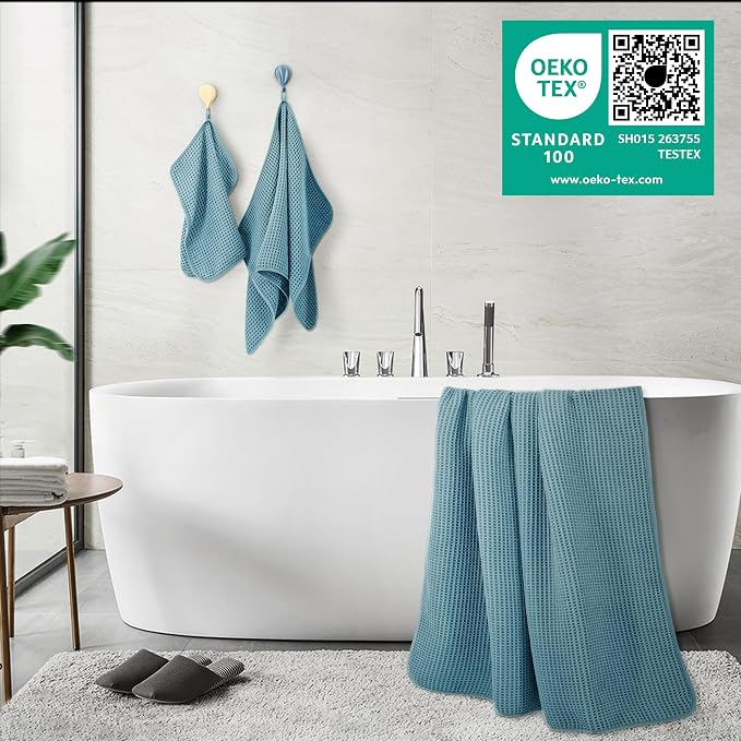 POLYTE 430 GSM Microfiber Quick Dry Lint Free Oversize Bath Towel Set, 6 Piece (Waffle Weave) - Image 3