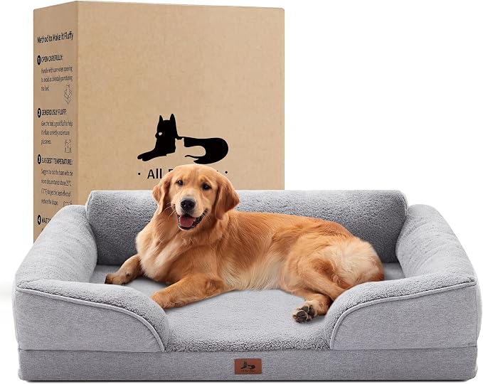 XL Orthopedic Dog Bed for Large Dogs, Waterproof Egg-Crate Foam Pet Couch Bed with Sided Soft Bolsters, 42"x32" Supportive Non-Slip Dog Sofa with Removable Washable Cover, Light Gray by WARMREST