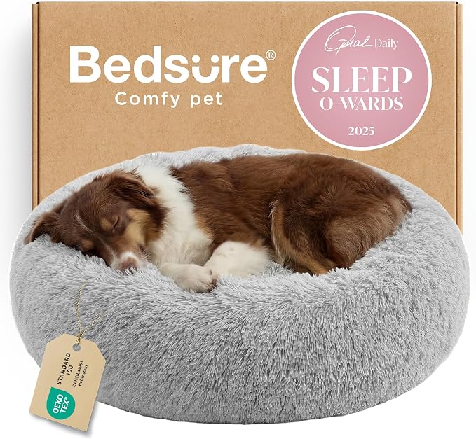 Bedsure Calming Dog Beds Large Sized Dog Donut Washable Pet Bed,36ins | Fluffy Faux Fur Round Cuddler,with Removable Washable Cover,Anti-Slip Bottom,Anti-Anxiety,for Pets Up to 80 Lbs Pale Grey by Unknown