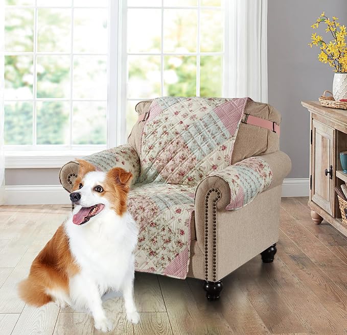 Brilliant Sunshine Pink & Green Roses Couch Armchair Cover, 23" seat | Non Slip Sofa Cover, Patchwork Design, Quilted Furniture Protector, Washable Chair Slipcover for Pets, Dogs & Cats by BrilliantSunshine