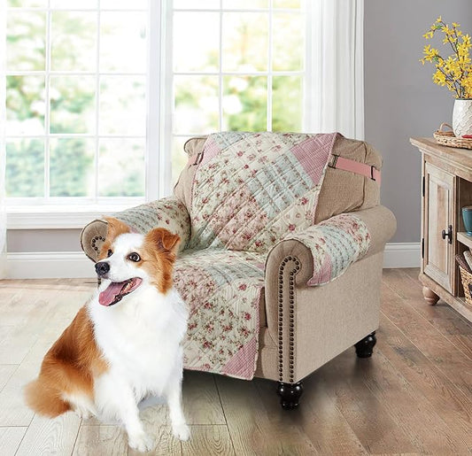 Brilliant Sunshine Pink & Green Roses Couch Armchair Cover, 23" seat | Non Slip Sofa Cover, Patchwork Design, Quilted Furniture Protector, Washable Chair Slipcover for Pets, Dogs & Cats by BrilliantSunshine