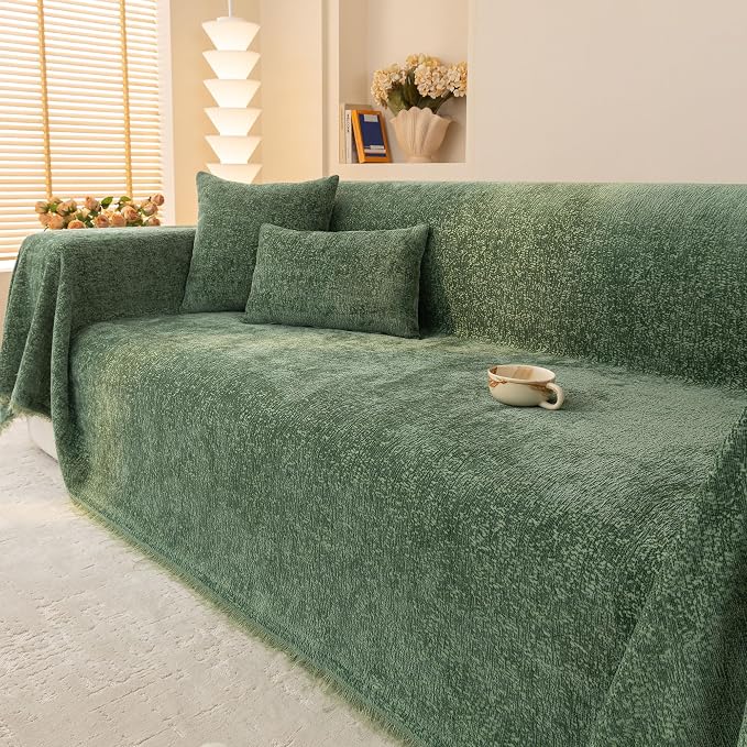 Forest Green Soft Thick Slub Chenille Couch Cover XL 71x134 in | for All Shape Sofa Couch Furniture Protector, Green Sofa Slipcover Protector for Dogs Pets Kids - Image 5