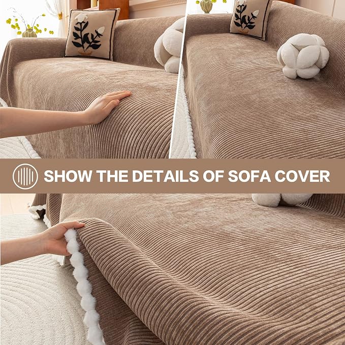 DREAMINGO Striped Chenille Couch Cover Blanket Washable Furniture Protector for Pets/Kids Farmhouse Modern Style Decorative Sofa Throw Cover for Living Room, Pom Pom Trim, Coffee, 71"x134" - Image 4