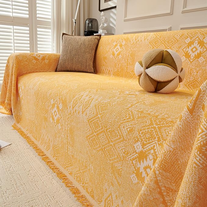DREAMINGO Couch Cover - Geometric Jacquard, Yellow, Boho Vintage 3 Cushion Couch Covers for Dogs Washable, Chenille Furniture Protector Sectional Sofa Slipcovers 3 Seater, X-Large 71"x134" - Image 4