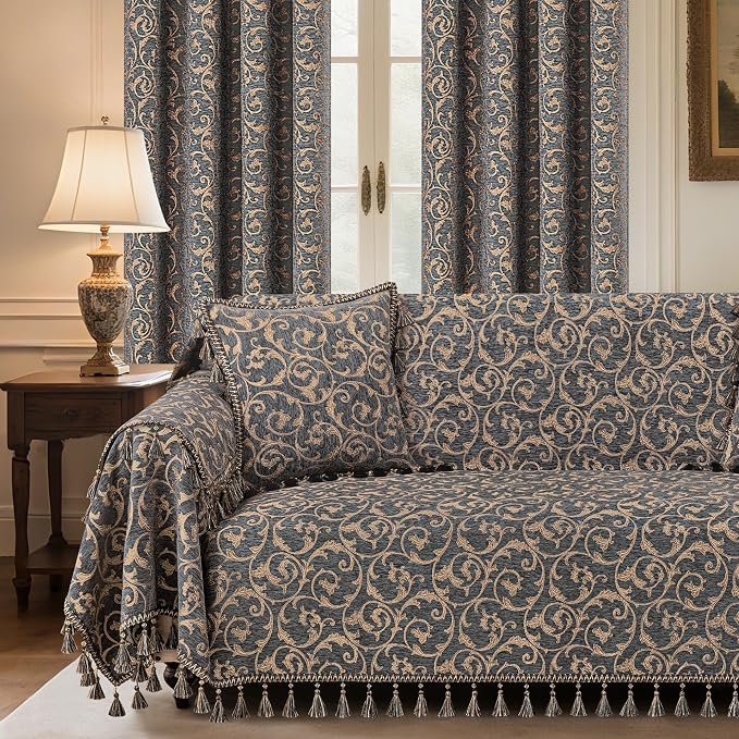 Loom and Mill Chenille Jacquard Sofa Covers, Blue-Grey+Khaki, 71"x118" | Elegant Acanthus Sofa Throw Cover with Tassels for 2-3 Cushion Couch, Sectional Couch Cover Sofa Slipcover for Dogs Pets by LoomandMill