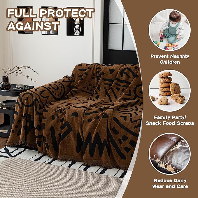 MEETSKY Boho Couch Cover Sofa Covers, Chenille Geometric Dark Brown Couch Covers for 2 Cushion Couch Sofa for Dogs, Washable Sofa Slipcover for Cat Sofa Protector with Tassels,71" x 118" - Image 4