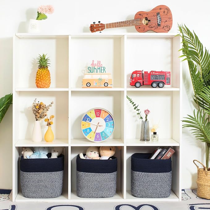 MINTWOOD Design 3-Pack 11x11in Woven Cube Storage Bin and Shelf Baskets, Cute Decorative Square Organizer for Closet, Classroom, Bathroom, Dog and Cat Toys, and Books, Navy Blue - Image 2