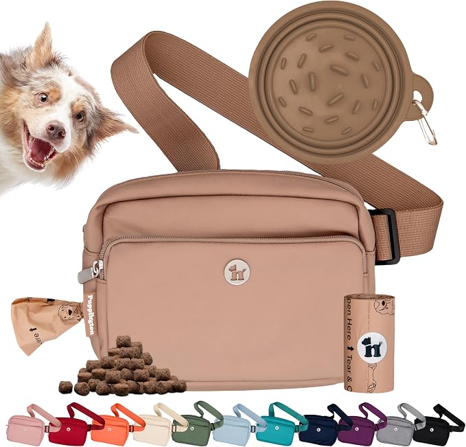 Puppington 3-in-1 Crossbody Dog Walking Bag & Dog Treat Pouch for Pet Training - Matching Compostable Poop Bags, Built-In Poop Bag Dispenser & Slow-Feeding Travel Bowl (Latte Beige) by Puppington