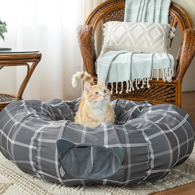 Kitty City Large Cat Tunnel Bed, 2-in-1 Zip-Together Cat Play Tunnel & Plush Nap Bed, Pop-Up Indoor Cat Toy with Hanging Toys, Collapsible Design - Grey - Image 5