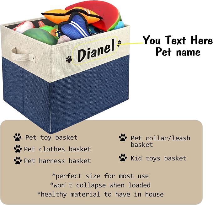 PET ARTIST Large Dog Toy Basket, Custom Toy Bin Box Personalized with Pet's Name, Collapsible Pet Storage Baksets With Handle for Toys,Blankets,Accessories- Navy Blue - Image 5