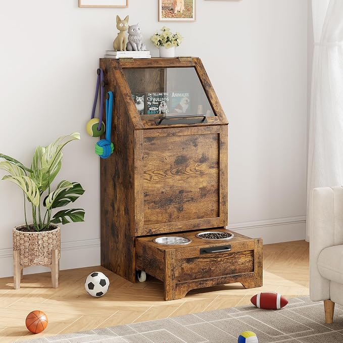 Garvee Dog Feeding Station with 2 Elevated Bowls, Brown | Wooden Dog Food Storage Cabinet, Flip Top Pet Feeding Station, Food Storage Container, Pet Toy Organizer by Garvee