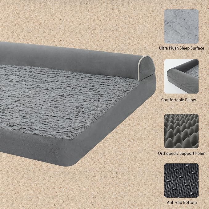 Grey 36''x27''x6.5 Medium L Orthopedic Plush L Shape Dog Bed | Soft, Waterproof, Egg Foam, Pet Crate Beds Mat, Kennel Pads, Removable Washable Cover,Non-Slip Bottom,Anti-slip oxford fabric - Image 3