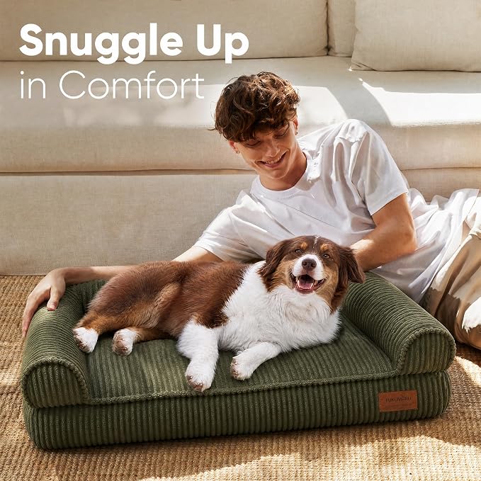 FUKUMARU Cute Dog Bed, Thickened Orthopedic Dog Sofa, Waterproof&Washable | 36" Corduroy Dog Couch with 4" Extra-Thick Egg-Crate Foam, Large Pet Bed for Medium to Large Dogs, Green - Image 4
