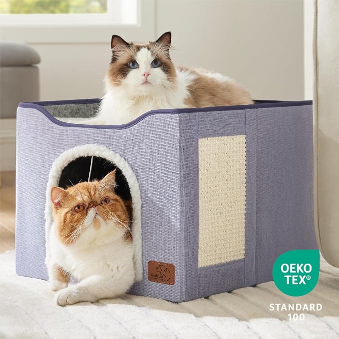 Bedsure Cat House Bed for Indoor Cats with Fluffy Ball and Scratch Pad | Cloud Purple 16.5x16.5x13 in,Large Cat Cave for Multiple Pets,Foldable Cat Hideway Cube for Sleeping Kitten - Image 5