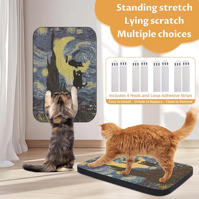 Cat Wall Scratcher, Art Cat Scratching Board for Indoor Cats | Wall Mounted Cat Scratch Pad, Water-Based Ink, Hook&Loop Strips, Floor or Wall Use, 16.7x11x1 Inch, Starry Night - Image 3