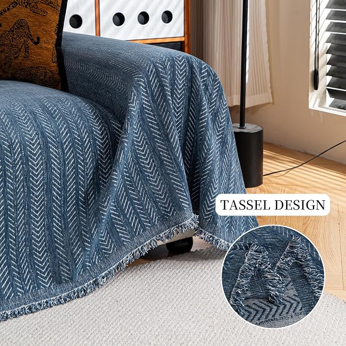 Sofa Covers for 3 Cushion Couch Seat, Loveseat Non Slip Couch Cover Chenille Strip Couch Throw Blankets with Tassels, Sectional Sofa Slipcovers Furniture Protector for Pets, Kids 71"x150", Dark Blue - Image 3