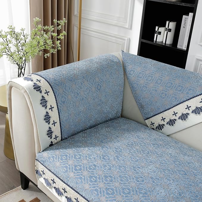 DREAMINGO Couch Armrest Cover, European Embroidery Jacquard Armchair Couch Protector, 1 Piece Anti Slip Pet Sofa Covers Washable Soft Chenille with Lace Edge, Blue, 27.6"x27.6" by DREAMINGO