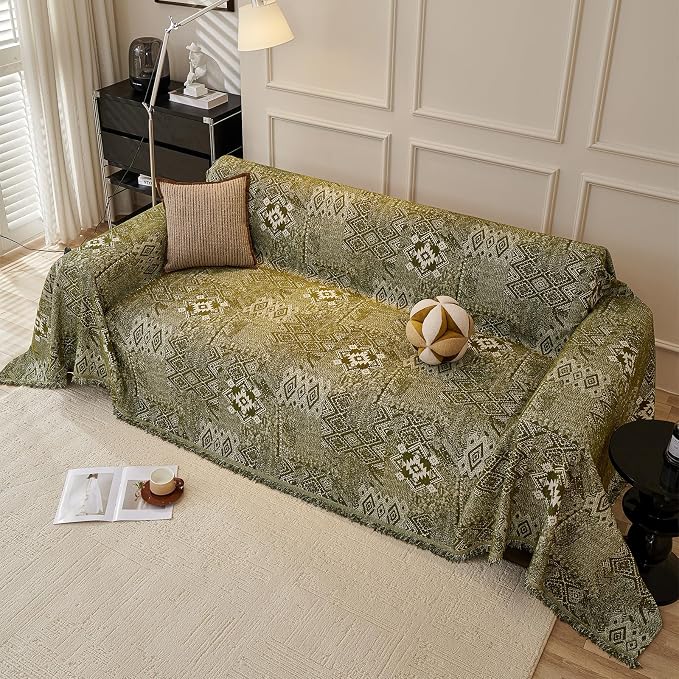 DREAMINGO Dark Green Couch Protector Boho Sofa Covers for 3 Cushion Couch Geometric Jacquard Soft Chenille Furniture Cover for Dogs Washable Vintage Sofa Slipcovers for Sectional, 71"x150" - Image 7