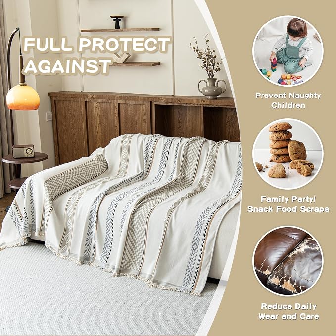 MEETSKY Boho Couch Covers for Sofa, Chenille Geometric Couch Covers for 2 Cushion Couch Sofa for Dogs, Washable Sofa Cover for Pet, Couch Protector with Tassels,71" x 118", White - Image 4