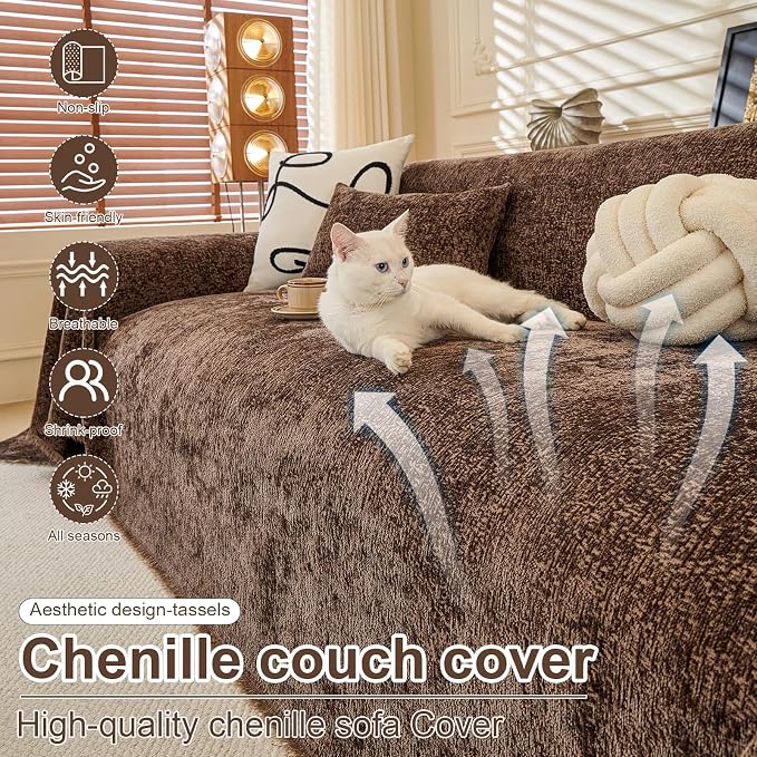 ROOMLIFE Brown Couch Cover 2 Cushion Sofa, Washable Non Slip Furniture Sofa Protector Cover, Soft Chenille Sofa Slipcovers Sectional L Shape Dogs Couch Cover Throw Blanket with Tassels 71''X118'' - Image 2