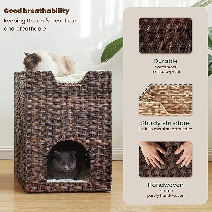 Cat Bed for Indoor Cats, a Stylish Cat Hideaway & Cat House - Handwoven Rattan Cat Cave Bed with Soft Cushion, Foldable Cat Cubes for Indoor Cats, Sturdy Cat Perch & Furniture Coffee Brown - Image 5