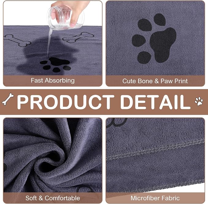Chumia 8 Pcs Microfiber Dog Towels for Drying Dogs Cats 40 x 24 Inch Pet Towels Bulk for Large Puppy Absorbent Fast Drying Paw Bath Bathing Supplies for Pets(Dog Paw and Bone,Brown, Gray) - Image 3