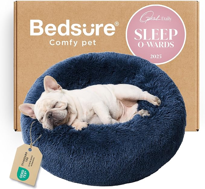 Bedsure Calming Small Dog Bed Donut Washable Cat＆Puppy Bed,23 inches Navy | Fluffy Faux Fur Round Cuddler,Machine Washable,Anti-Slip Bottom,Anti-Anxiety,Deep Sleeping for Large Cat & Pets Up to 25 Lbs by Unknown