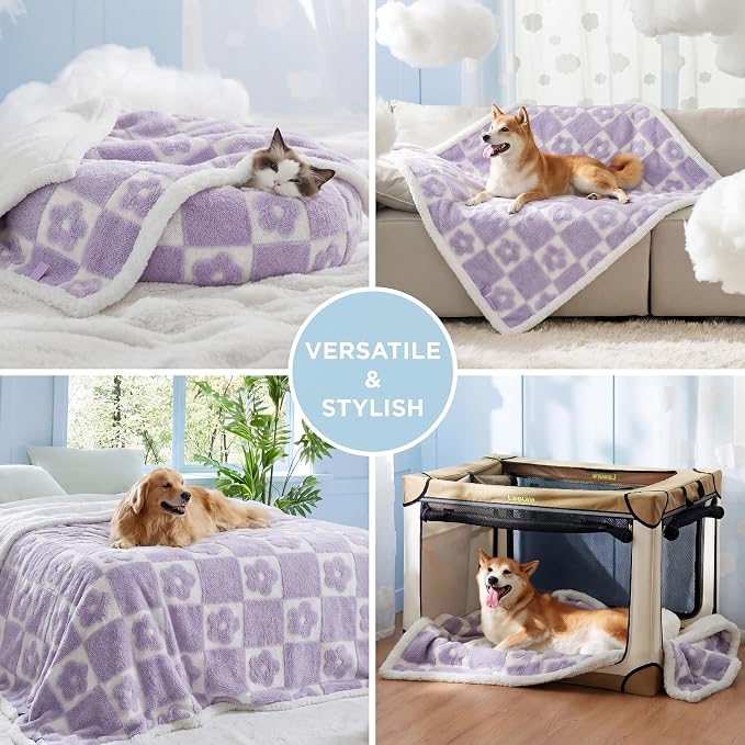 LE SURE Waterproof Dog Blankets for Small Dogs Cute Cozy 3D Jacquard,25x35 | Puppy Blanket for Cat Aesthetic Gift, Warm Soft Sherpa Throw Washable, Reversible Pet Couch Protector, Lavender Flower Checks - Image 6