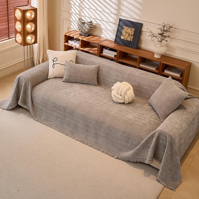 Solid Chenille Couch Cover for Dog Light Grey Throw Style Sofa Cover | Non Slip Washable Sofa Slipcover for L-Shaped Sofa, 3-4 Cushion Couch, Lounge Chaise, Bottom Tassels, XX-Large, 71"x150" - Image 2