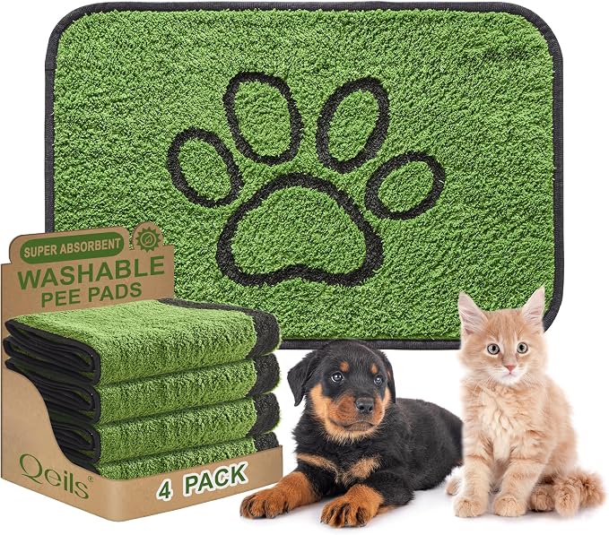 Qeils Reusable Dog Pee Pads, Washable Puppy Pads, Leak-Proof 24"x36" 4 Pack | Super Absorbent And Non-Slip Potty Training Pads, Soft Paw Print Plush Design, Ideal For Crates, Couch, Car Seats & Pet Beds by Qeils