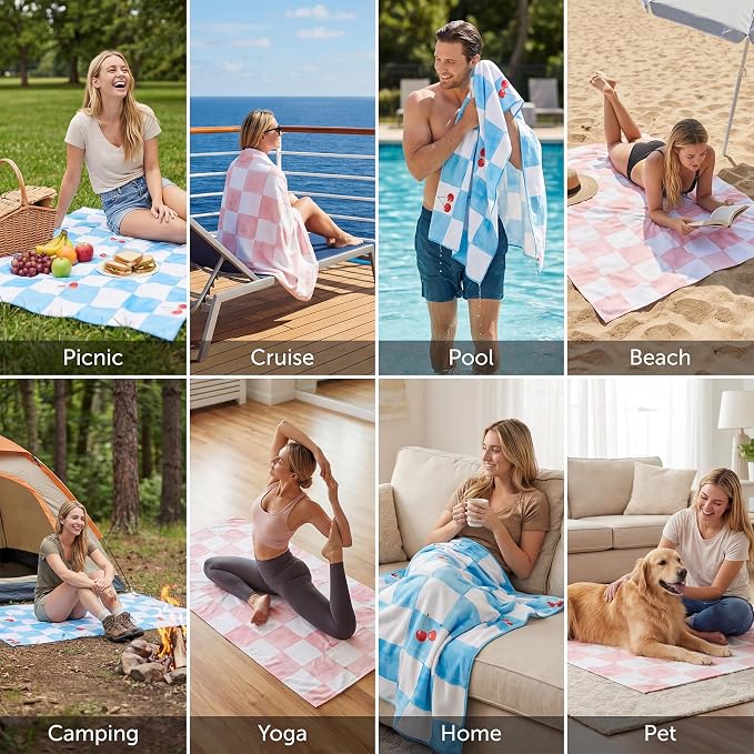 Microfiber Beach Towel W/Bag, Double Print Cherry Towel, 71 * 36'' | Quick Dry XL Beach Towels for Cruise Pool Yoga Gym Gift, Lightweight Absorbent Sandproof Compact Towels Beach Essentials - Image 8
